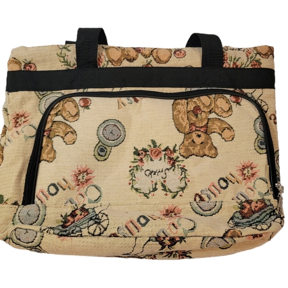 Vintage Bovano Tapestry Made USA Teddy Bear Country House Tote Bag - Picture 2 of 8